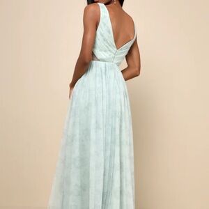 LULUS - Blissful Poise Sage Green Floral Mesh Pleated Cutout Maxi dress